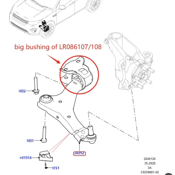 Front Suspension Big Bushing of Control arm For Land Rover Discovery Sport 2015 Onward Jaguar E-pace 2017 Onward LR086107 086108