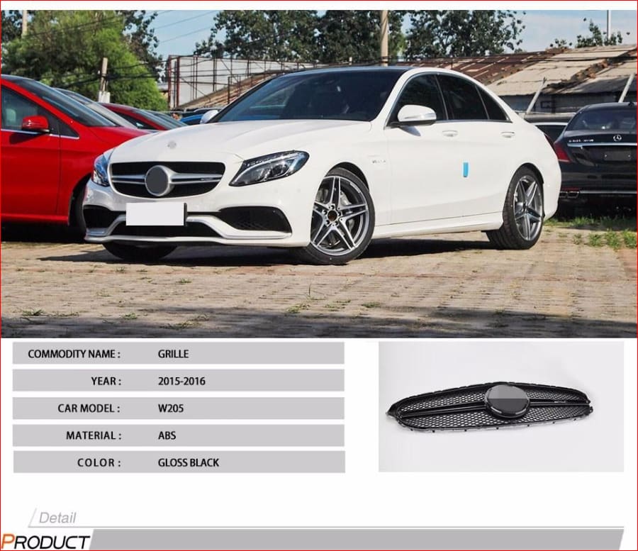 W205 Gloss Black Amg Style+Amg Logo Front Grill Grille For Mercedes-Benz C-Class C180 C220 C250 C300