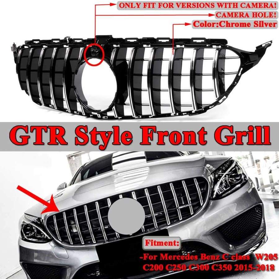 W205 C200 C250 C300 C350 2015-2018 2Dr/4Dr Gt R Gtr Style Car Front Grill Grille With A Camera Hole